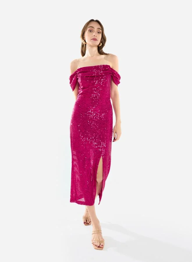 House of Moda Women Draped Sequin Midi Dress